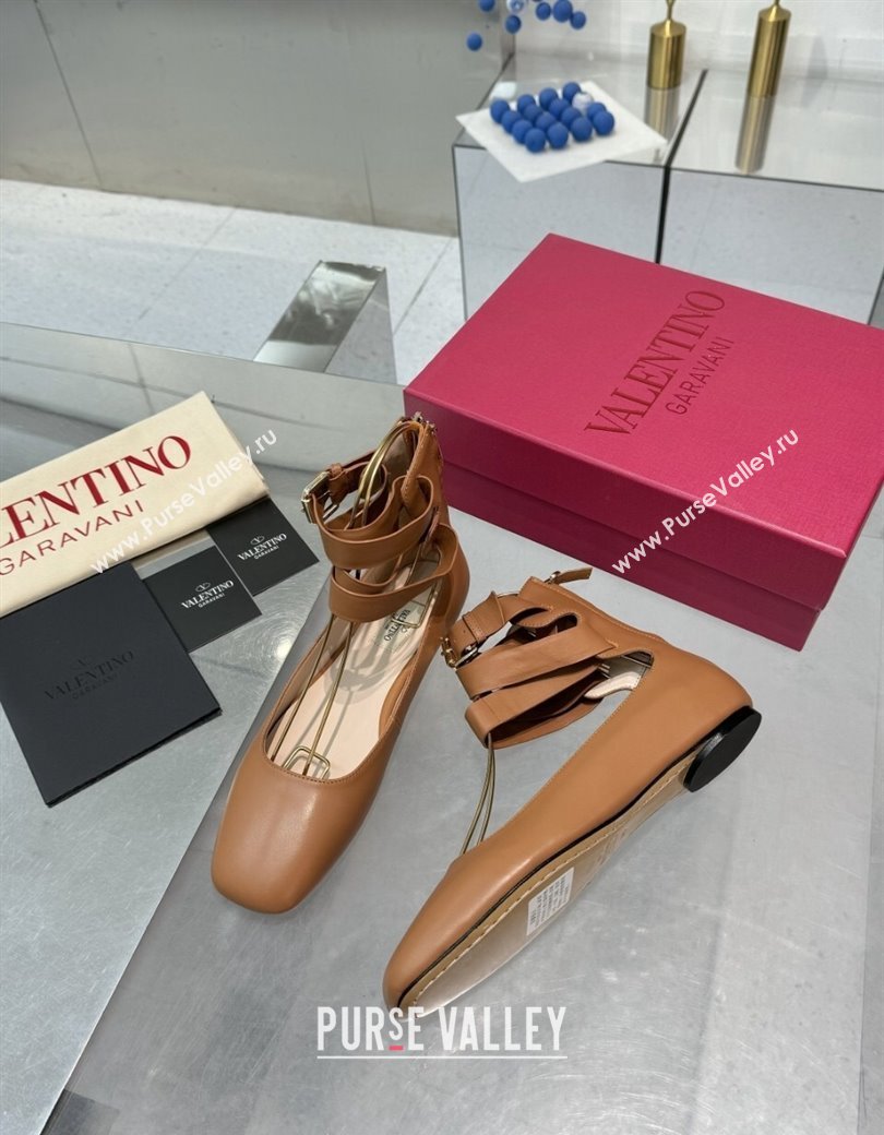 Valentino Calfskin Ballerina Flats with Ankle Strap Brown 2024 1226 (XL-241226003)