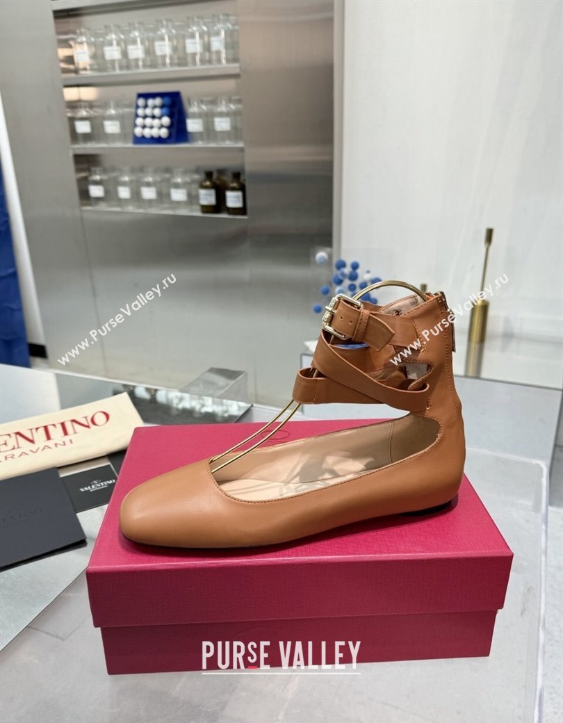 Valentino Calfskin Ballerina Flats with Ankle Strap Brown 2024 1226 (XL-241226003)