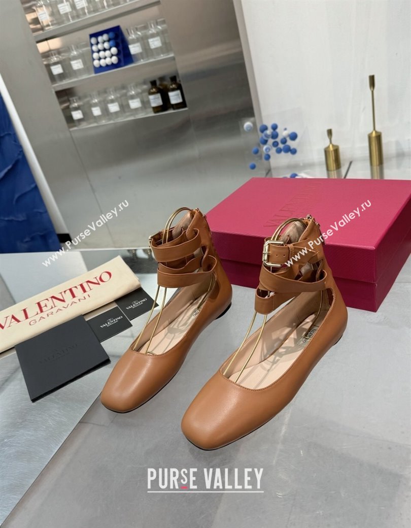 Valentino Calfskin Ballerina Flats with Ankle Strap Brown 2024 1226 (XL-241226003)