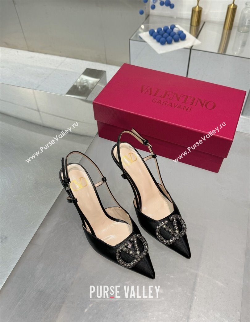 Valentino Metallic Calfskin Slingback Pumps 8cm with Strass Black 2024 1226 (XL-241226008)