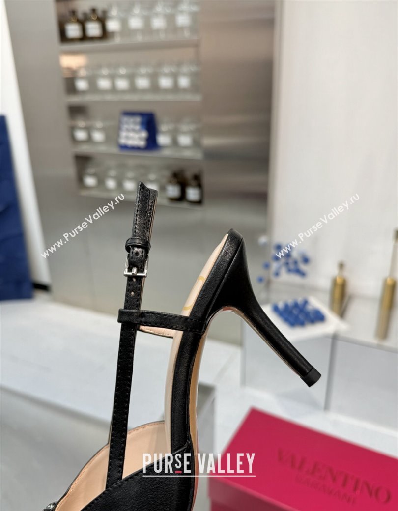 Valentino Metallic Calfskin Slingback Pumps 8cm with Strass Black 2024 1226 (XL-241226008)