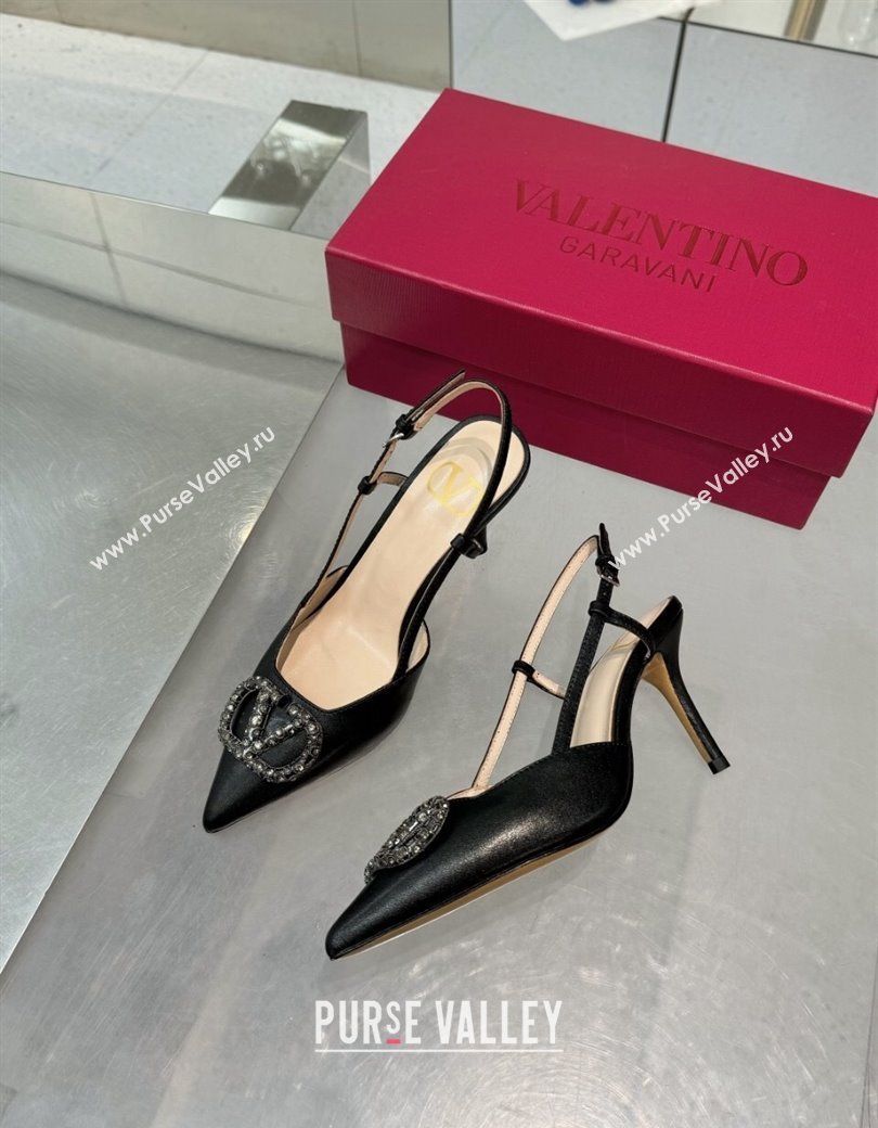 Valentino Metallic Calfskin Slingback Pumps 8cm with Strass Black 2024 1226 (XL-241226008)