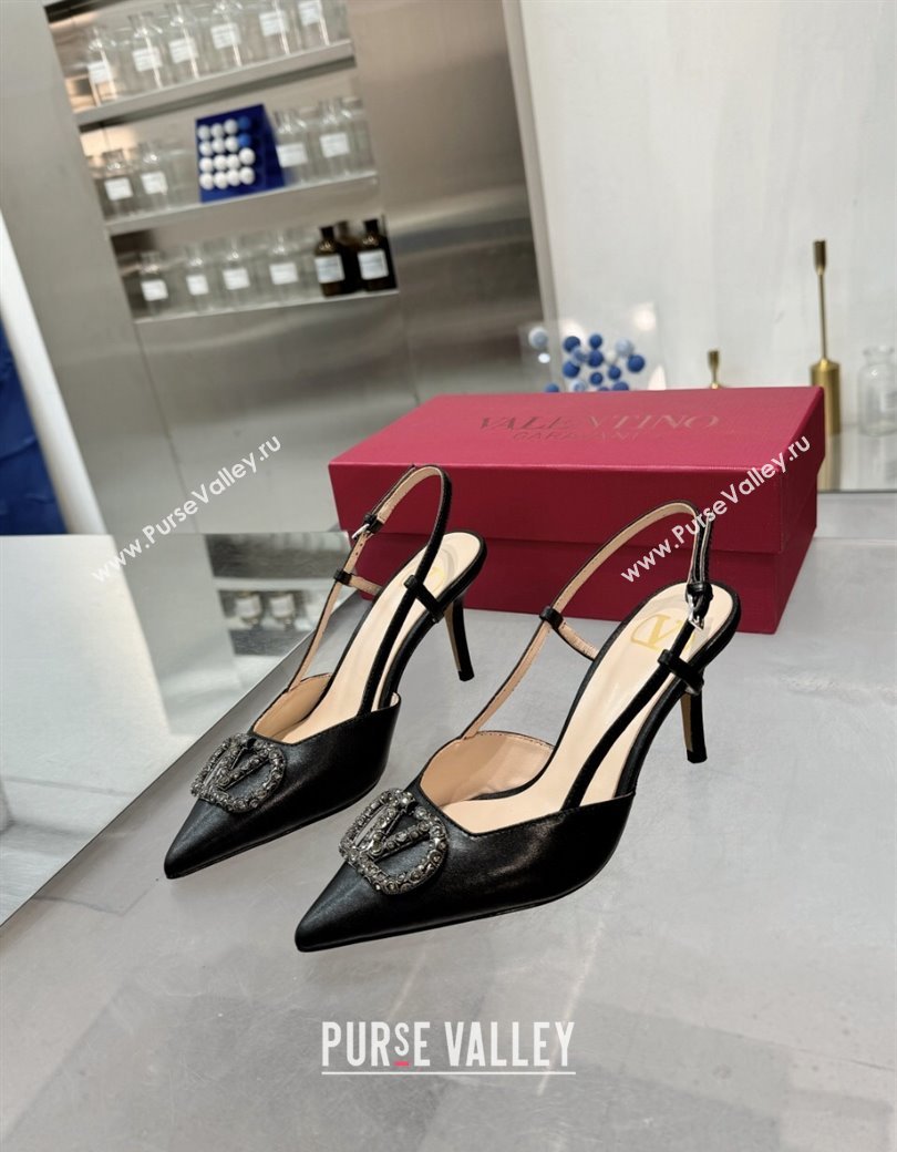 Valentino Metallic Calfskin Slingback Pumps 8cm with Strass Black 2024 1226 (XL-241226008)