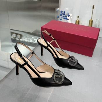 Valentino Metallic Calfskin Slingback Pumps 8cm with Strass Black 2024 1226 (XL-241226008)