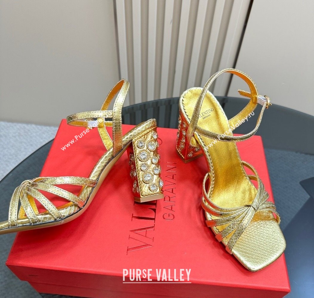 Valentino Preshoes Heel Sandals 10cm in Laminated Snakeskin Embossed Leather with Strass Gold 2024 (MD-241226042)