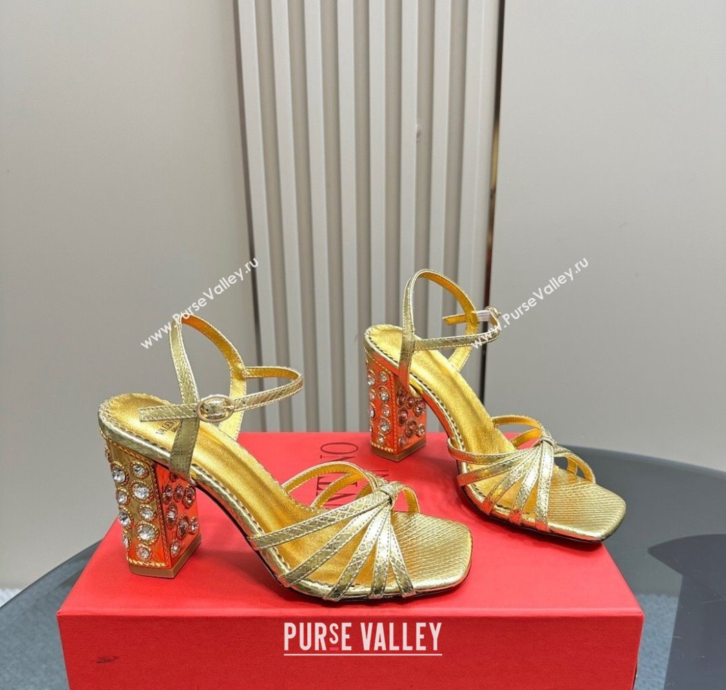 Valentino Preshoes Heel Sandals 10cm in Laminated Snakeskin Embossed Leather with Strass Gold 2024 (MD-241226042)