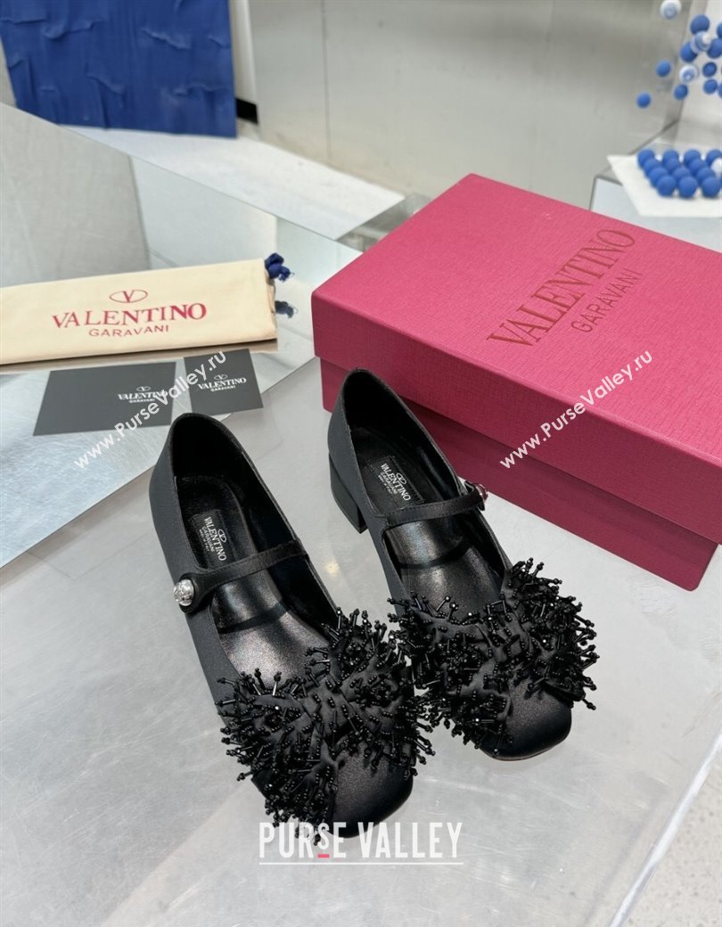 Valentino Bowjane Mary-Janes Ballerinas Flat in Satin with Bow and Fringe Black 2024 1226 (XL-241226026)