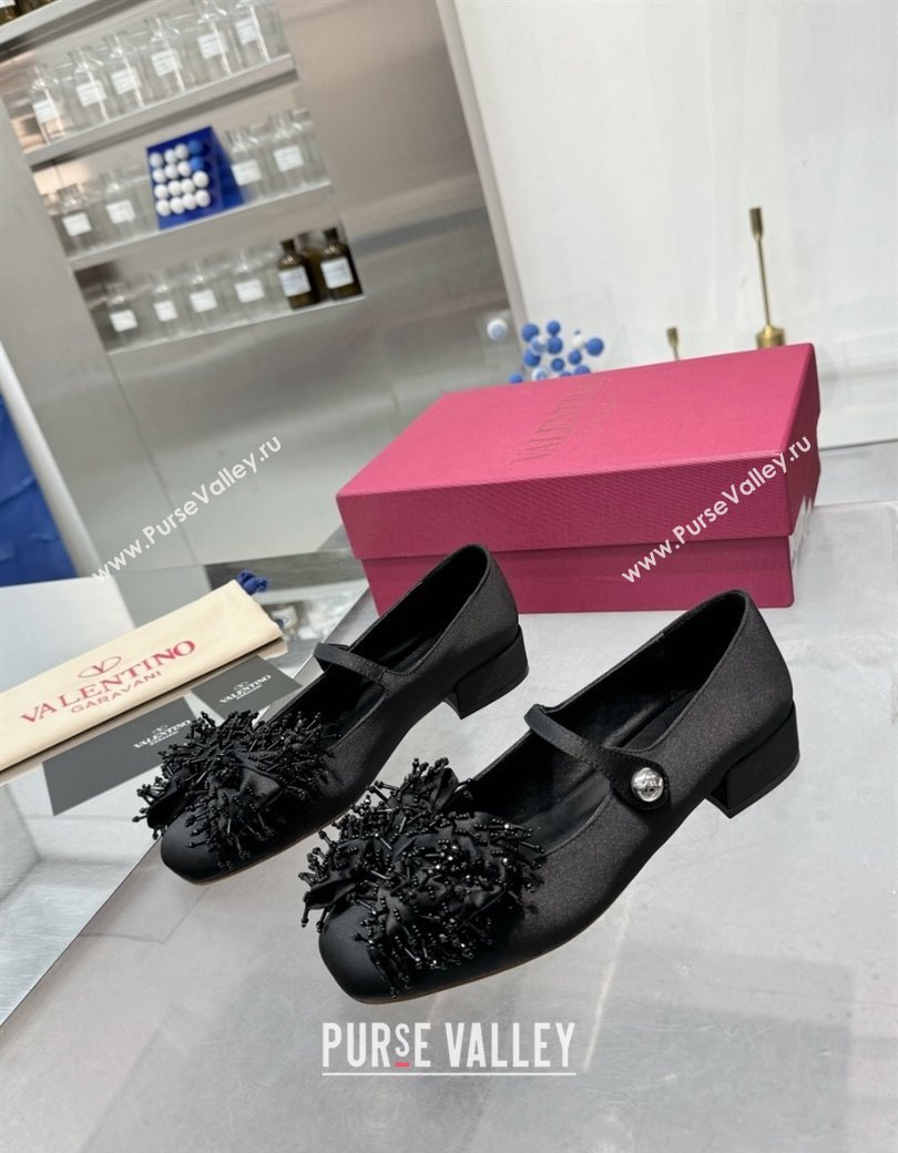 Valentino Bowjane Mary-Janes Ballerinas Flat in Satin with Bow and Fringe Black 2024 1226 (XL-241226026)