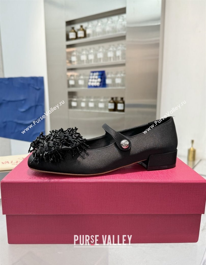 Valentino Bowjane Mary-Janes Ballerinas Flat in Satin with Bow and Fringe Black 2024 1226 (XL-241226026)