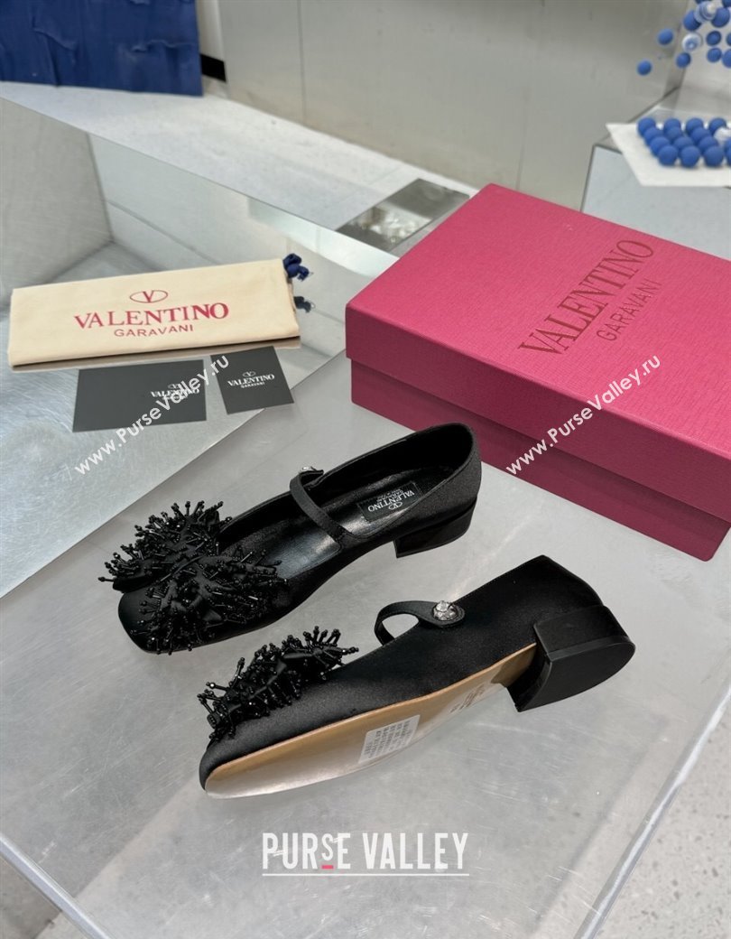 Valentino Bowjane Mary-Janes Ballerinas Flat in Satin with Bow and Fringe Black 2024 1226 (XL-241226026)