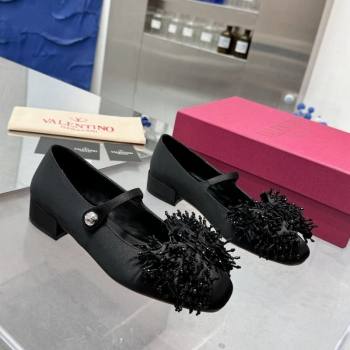 Valentino Bowjane Mary-Janes Ballerinas Flat in Satin with Bow and Fringe Black 2024 1226 (XL-241226026)