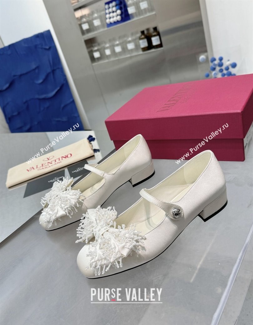 Valentino Bowjane Mary-Janes Ballerinas Flat in Satin with Bow and Fringe White 2024 1226 (XL-241226027)