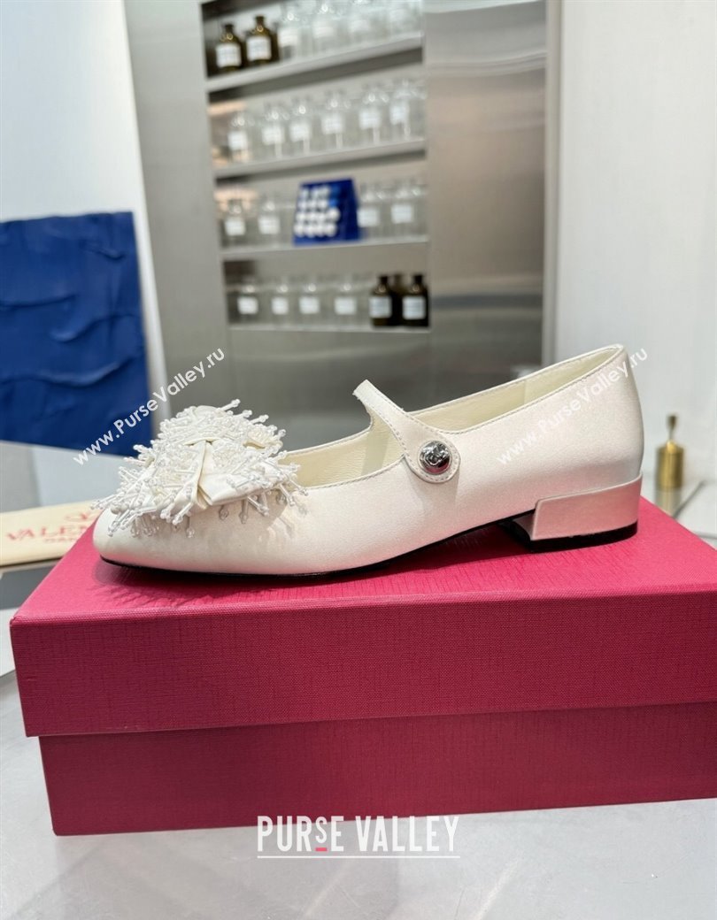 Valentino Bowjane Mary-Janes Ballerinas Flat in Satin with Bow and Fringe White 2024 1226 (XL-241226027)