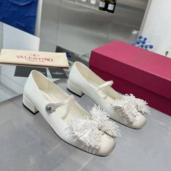 Valentino Bowjane Mary-Janes Ballerinas Flat in Satin with Bow and Fringe White 2024 1226 (XL-241226027)