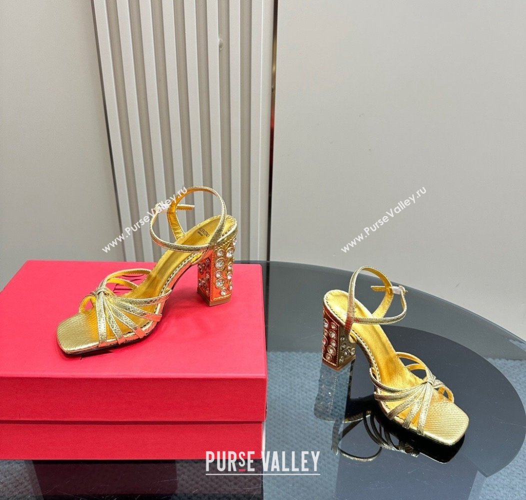 Valentino Preshoes Heel Sandals 10cm in Laminated Snakeskin Embossed Leather with Strass Gold 2024 (MD-241226042)