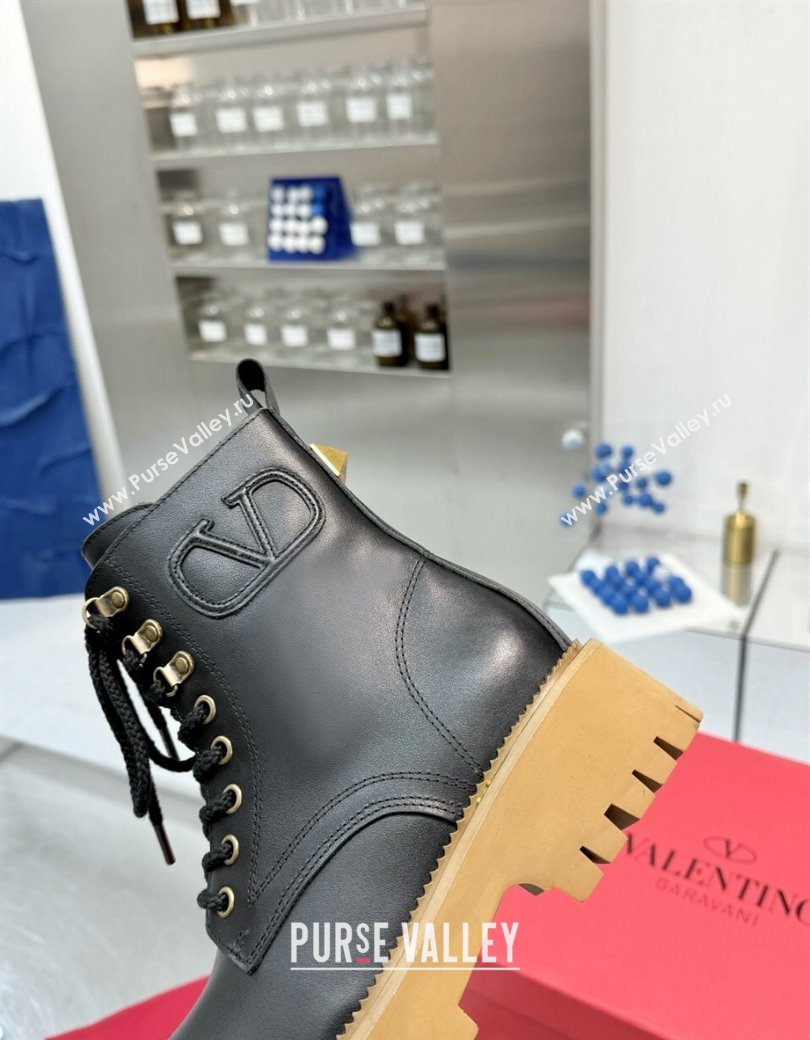 Valentino VLogo Calfskin Leather Laced-up Platform Ankle Boots Black 2024 1226 (XL-241226041)