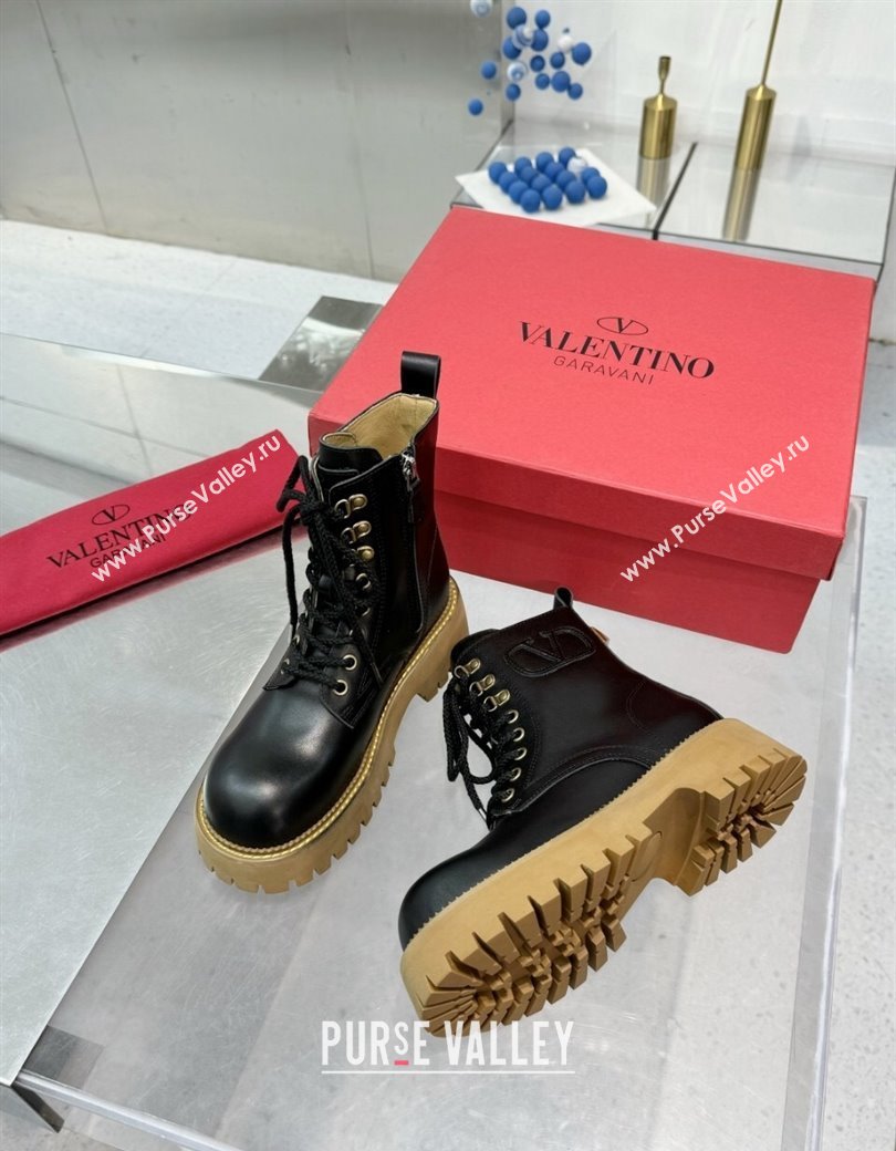 Valentino VLogo Calfskin Leather Laced-up Platform Ankle Boots Black 2024 1226 (XL-241226041)