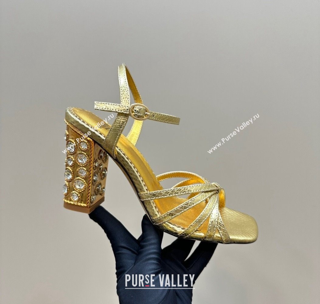 Valentino Preshoes Heel Sandals 10cm in Laminated Snakeskin Embossed Leather with Strass Gold 2024 (MD-241226042)