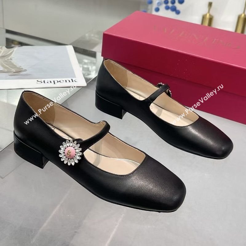 Valentino Preshoes Mary-Janes Ballerinas Flats in Calf Leather with Jeweled Button Black 2025 (XL-250225103)