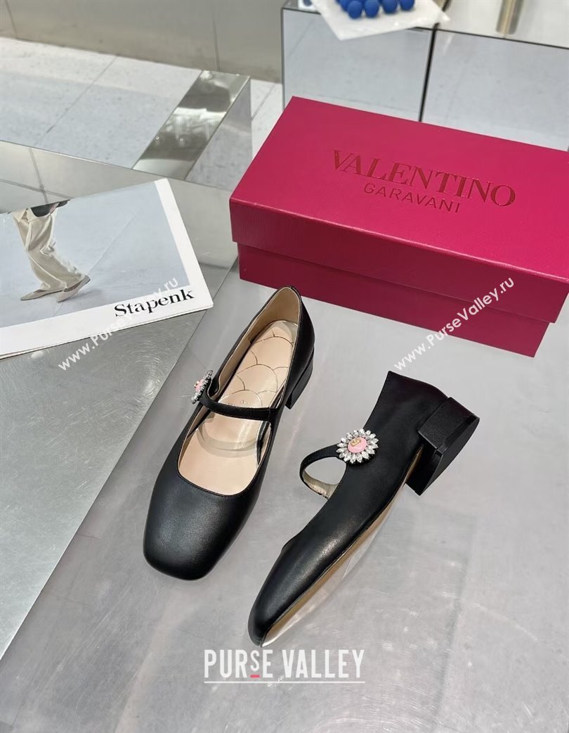 Valentino Preshoes Mary-Janes Ballerinas Flats in Calf Leather with Jeweled Button Black 2025 (XL-250225103)