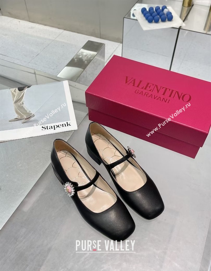 Valentino Preshoes Mary-Janes Ballerinas Flats in Calf Leather with Jeweled Button Black 2025 (XL-250225103)