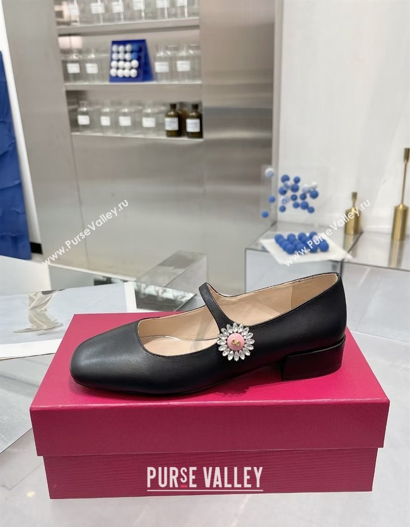 Valentino Preshoes Mary-Janes Ballerinas Flats in Calf Leather with Jeweled Button Black 2025 (XL-250225103)