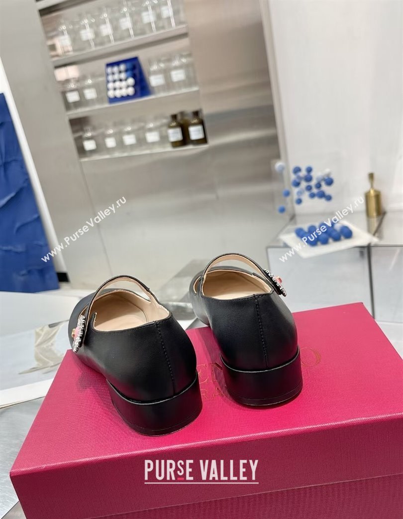 Valentino Preshoes Mary-Janes Ballerinas Flats in Calf Leather with Jeweled Button Black 2025 (XL-250225103)