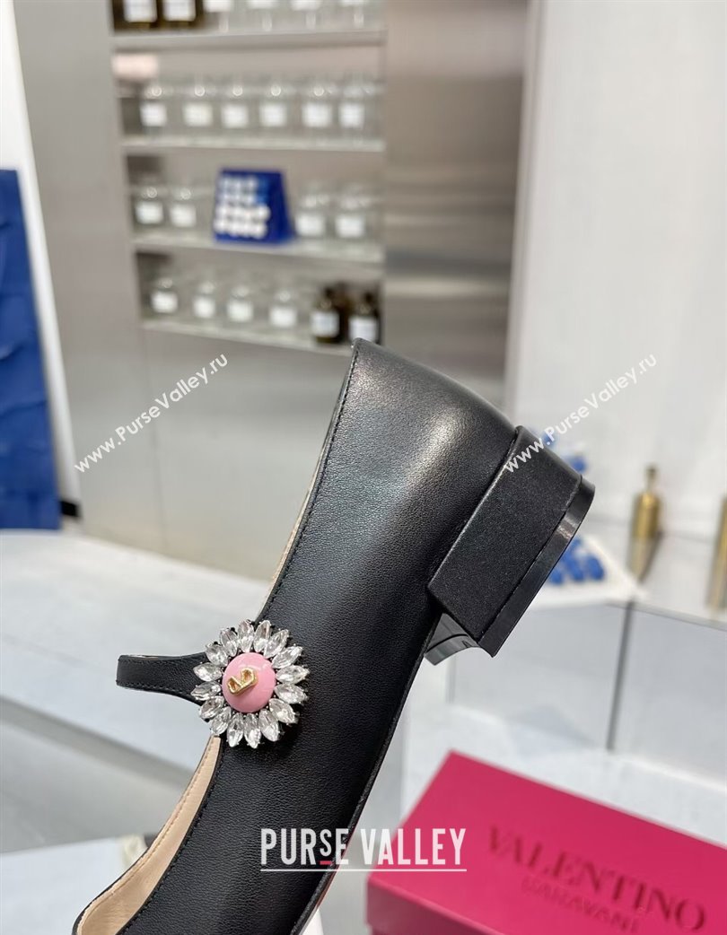 Valentino Preshoes Mary-Janes Ballerinas Flats in Calf Leather with Jeweled Button Black 2025 (XL-250225103)