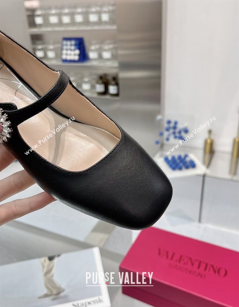 Valentino Preshoes Mary-Janes Ballerinas Flats in Calf Leather with Jeweled Button Black 2025 (XL-250225103)