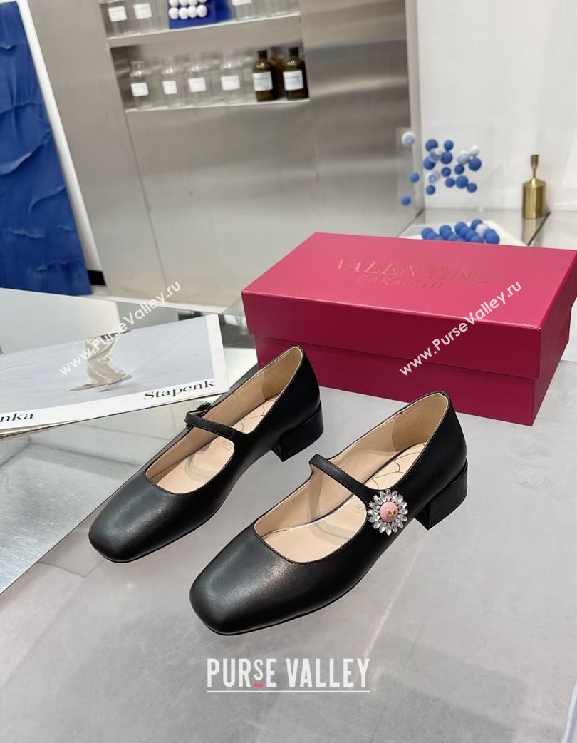 Valentino Preshoes Mary-Janes Ballerinas Flats in Calf Leather with Jeweled Button Black 2025 (XL-250225103)