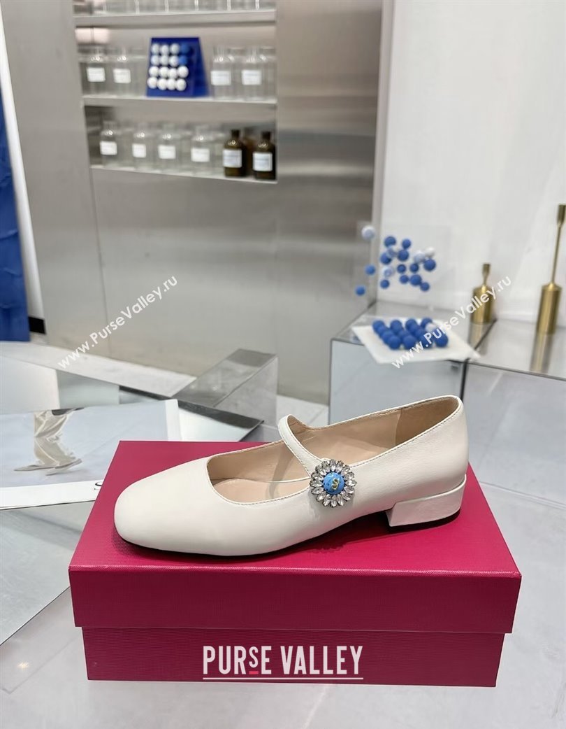 Valentino Preshoes Mary-Janes Ballerinas Flats in Calf Leather with Jeweled Button White 2025 (XL-250225104)