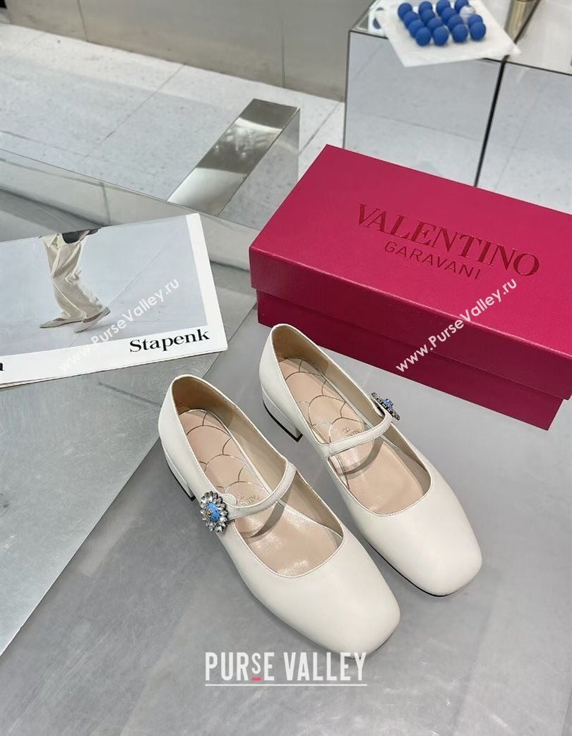 Valentino Preshoes Mary-Janes Ballerinas Flats in Calf Leather with Jeweled Button White 2025 (XL-250225104)