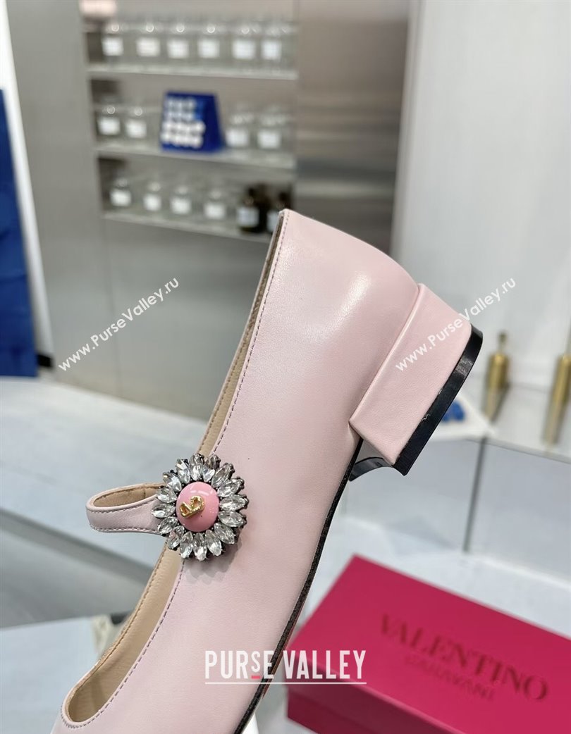 Valentino Preshoes Mary-Janes Ballerinas Flats in Calf Leather with Jeweled Button Light Pink 2025 (XL-250225105)