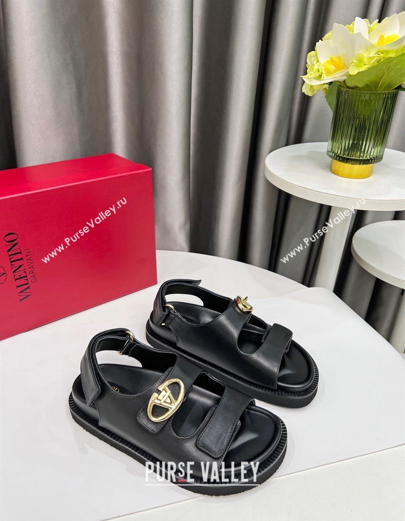 Valentino VLogo Locker Flat Strap Sandals in Leather Black 2025 VLTN02254 (MD-250225111)