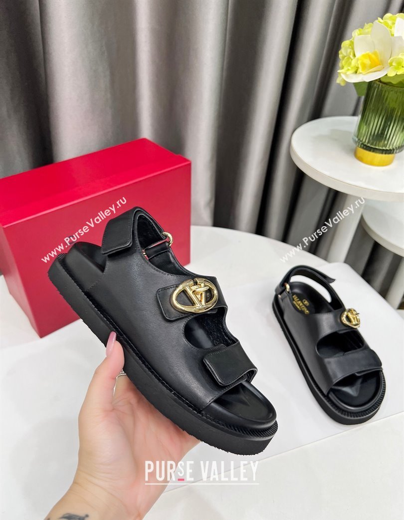 Valentino VLogo Locker Flat Strap Sandals in Leather Black 2025 VLTN02254 (MD-250225111)