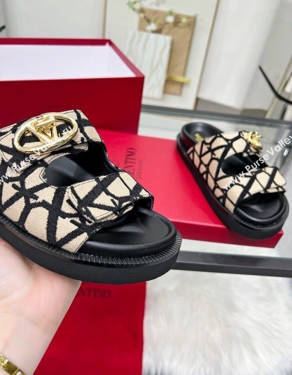 Valentino VLogo Locker Flat Strap Slides Sandal in Toile Iconographe Fabric Beige 2025 VLTN02254 (MD-250225115)