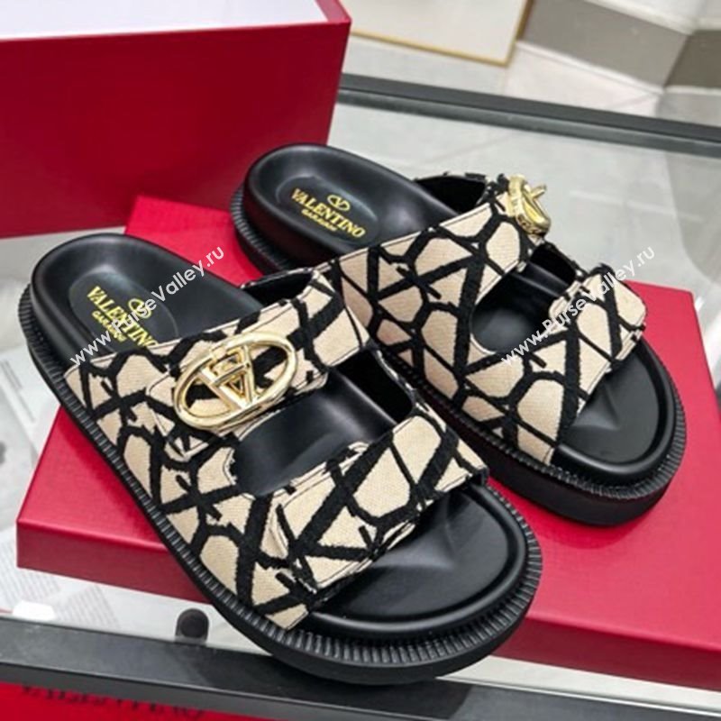 Valentino VLogo Locker Flat Strap Slides Sandal in Toile Iconographe Fabric Beige 2025 VLTN02254 (MD-250225115)