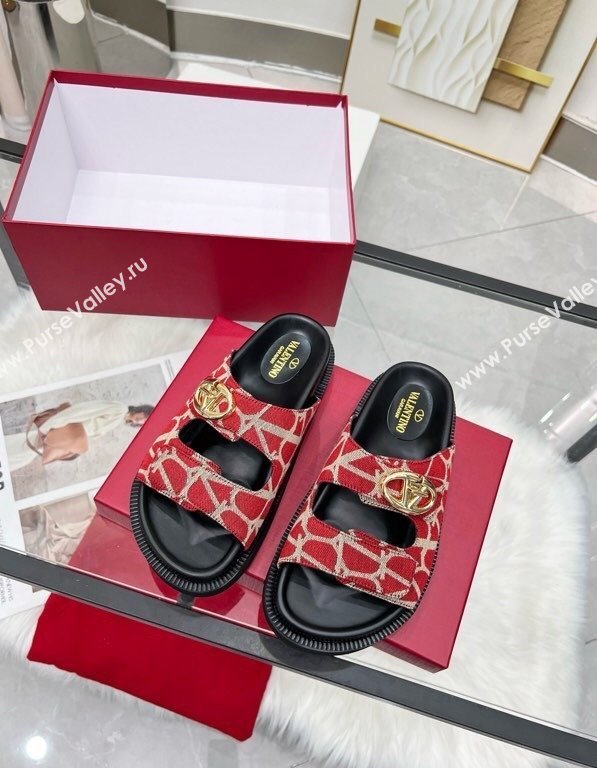 Valentino VLogo Locker Flat Strap Slides Sandal in Toile Iconographe Fabric Red 2025 VLTN02254 (MD-250225116)