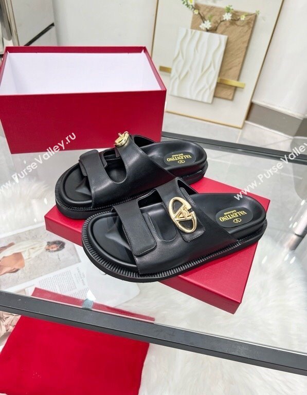 Valentino VLogo Locker Flat Strap Slides Sandal in Leather Black 2025 VLTN02254 (MD-250225118)