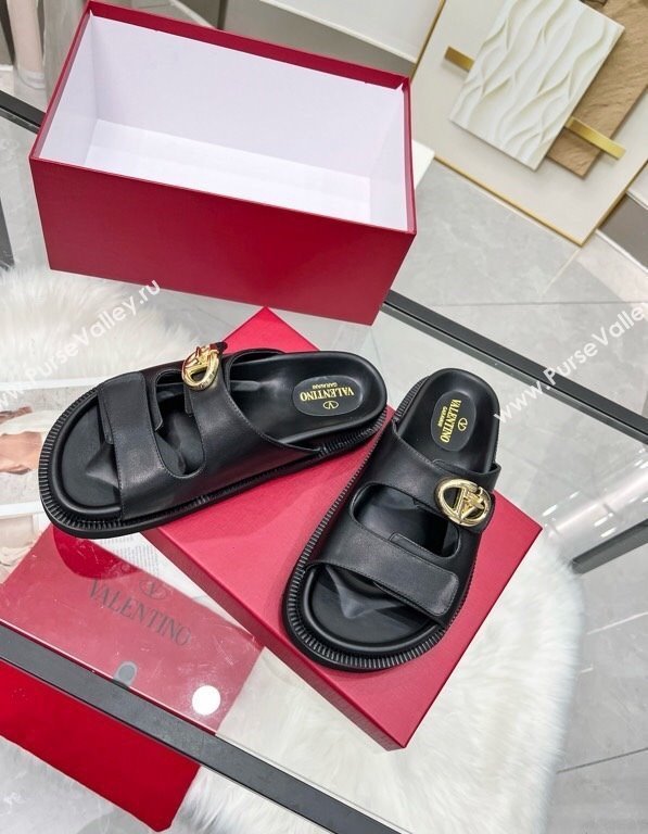 Valentino VLogo Locker Flat Strap Slides Sandal in Leather Black 2025 VLTN02254 (MD-250225118)