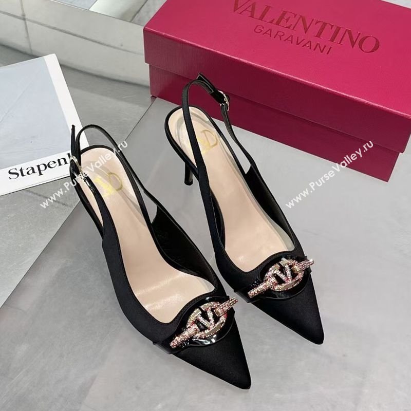Valentino The Bold Edition VLogo Satin Slingback Pumps 8cm with Strass Black/Multi 2025 VLTN02252 (XL-250225096)