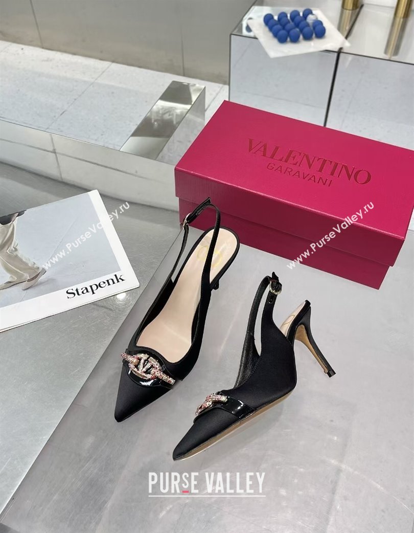 Valentino The Bold Edition VLogo Satin Slingback Pumps 8cm with Strass Black/Multi 2025 VLTN02252 (XL-250225096)