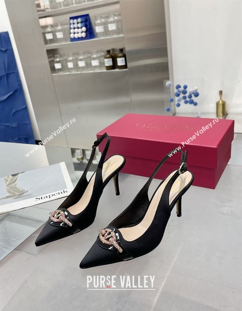 Valentino The Bold Edition VLogo Satin Slingback Pumps 8cm with Strass Black/Multi 2025 VLTN02252 (XL-250225096)