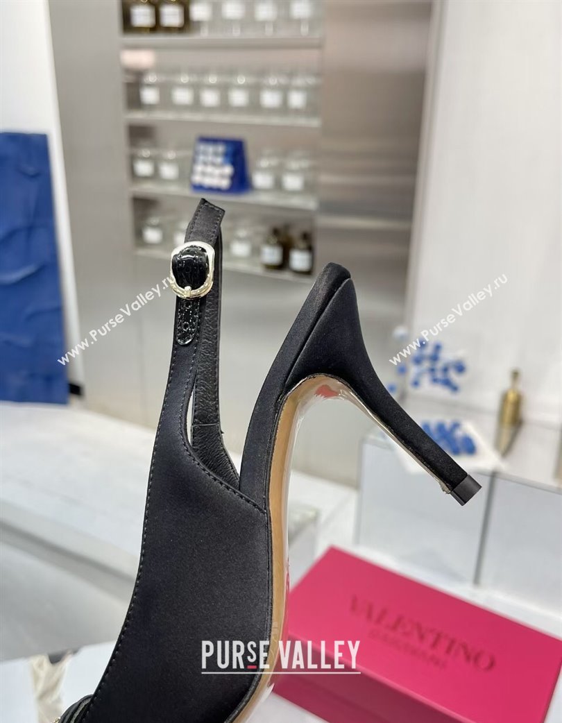 Valentino The Bold Edition VLogo Satin Slingback Pumps 8cm with Strass Black/Multi 2025 VLTN02252 (XL-250225096)