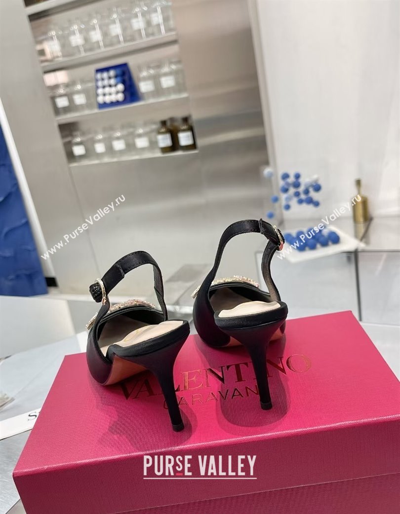 Valentino The Bold Edition VLogo Satin Slingback Pumps 8cm with Strass Black/Multi 2025 VLTN02252 (XL-250225096)