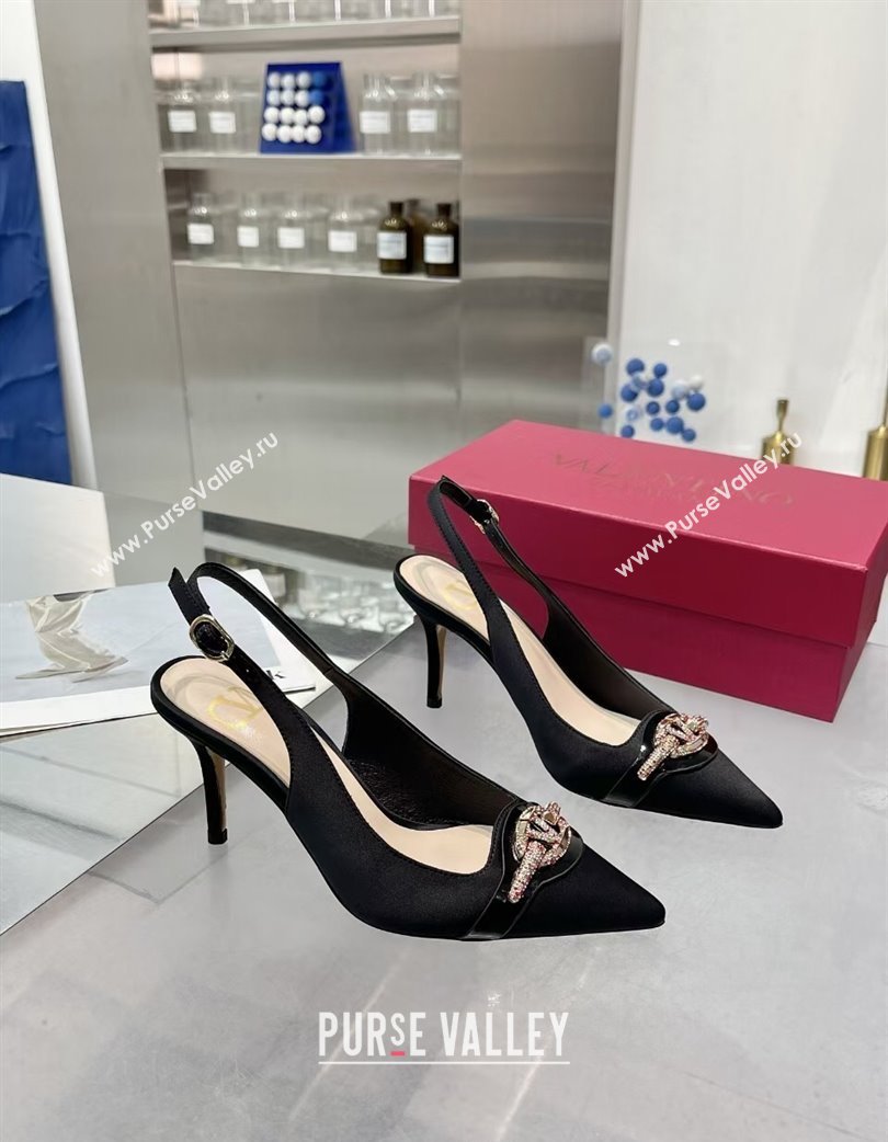 Valentino The Bold Edition VLogo Satin Slingback Pumps 8cm with Strass Black/Multi 2025 VLTN02252 (XL-250225096)