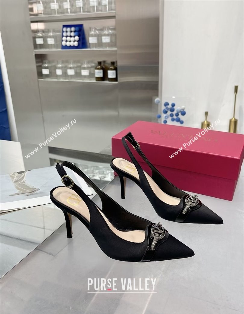 Valentino The Bold Edition VLogo Satin Slingback Pumps 8cm with Strass Black2 2025 VLTN02252 (XL-250225099)