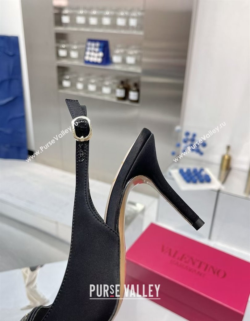 Valentino The Bold Edition VLogo Satin Slingback Pumps 8cm with Strass Black2 2025 VLTN02252 (XL-250225099)