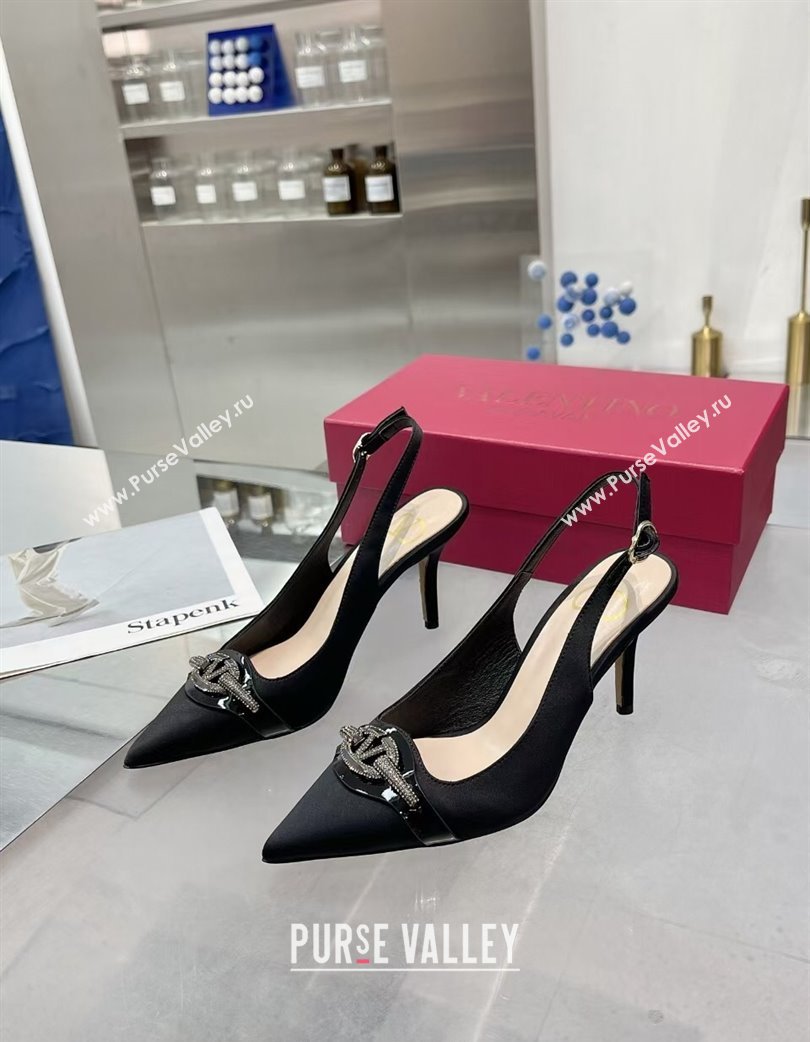 Valentino The Bold Edition VLogo Satin Slingback Pumps 8cm with Strass Black2 2025 VLTN02252 (XL-250225099)