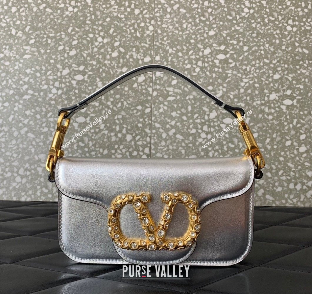 Valentino Loco Small Shoulder Bag in Laminated Calfskin with Jewel Logo Silver 2025 5061 (LKF-250407086)